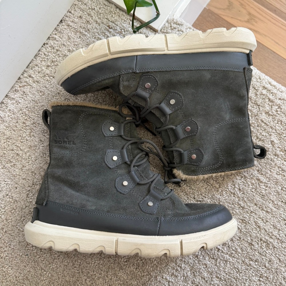 Sorel EXPLORER II JOAN WATERPROOF BOOTS Faux Fur WOMEN 10 GRILL FAWN LEATHER‎